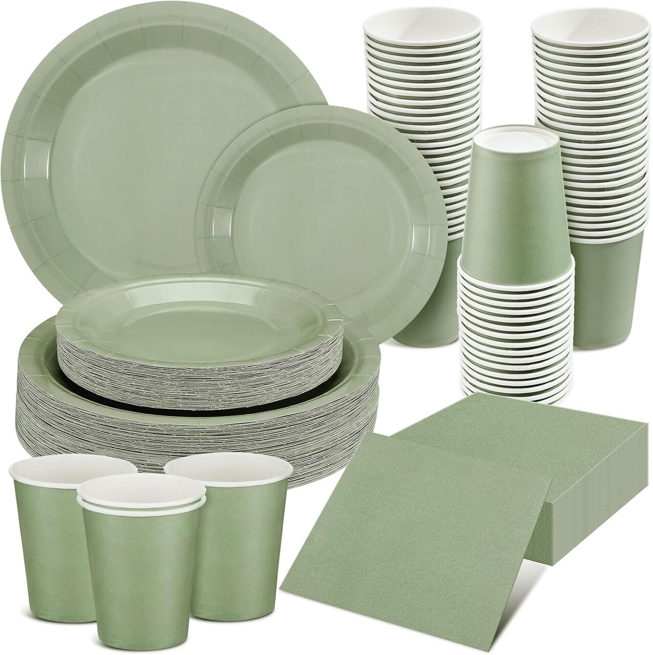 200-Piece Sage Green Disposable Dinnerware Set, Including 7" & 9" Paper Plates, Cups, and Napkins for Birthday, Baby Shower, and Wedding Parties (Sage Green)